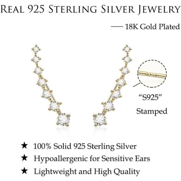 925 Sterling Silver 7 Crystals Cuff Earrings Climber for Women Crawler Earrings - Picture 6 of 7